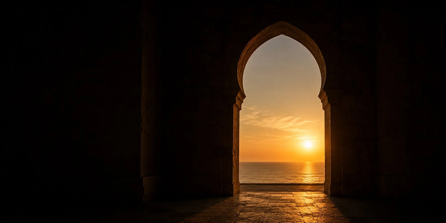 An archway opens onto an open sea horizon at sunset — arrival in the Gulf.