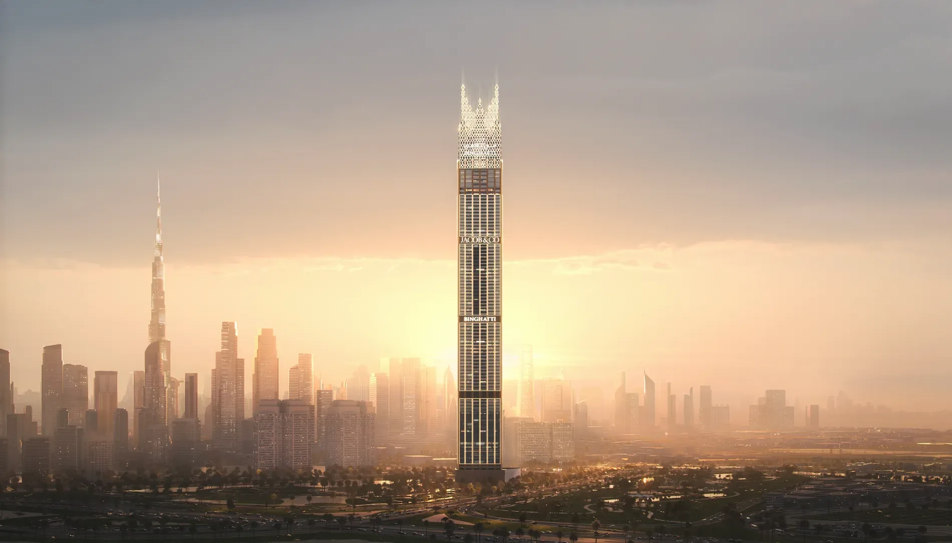 Burj Binghatti Jacob & Co Residences tower at dusk, Dubai, with Burj Khalifa in the background.