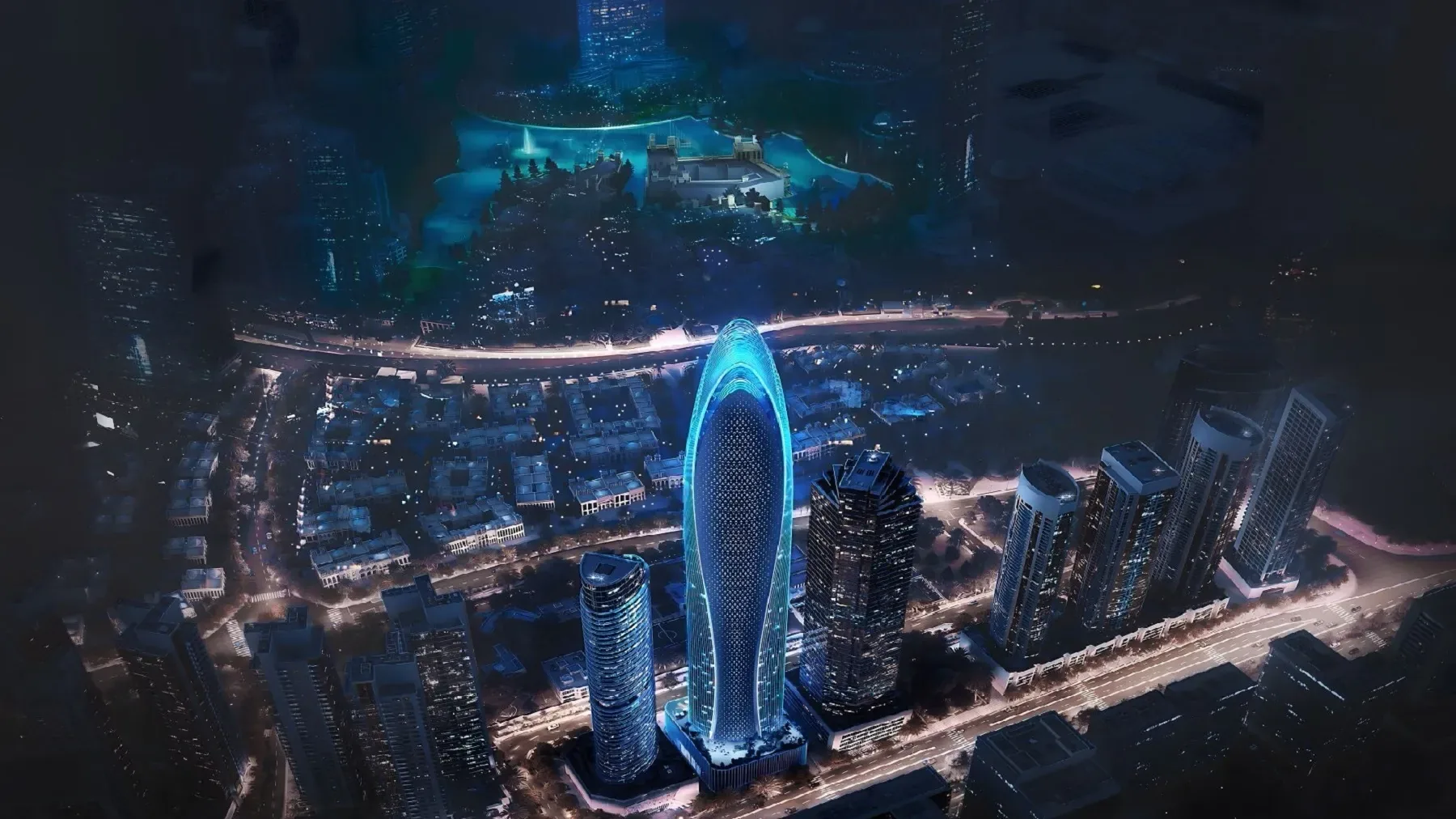 Aerial night view of Mercedes-Benz Places by Binghatti, Downtown Dubai.