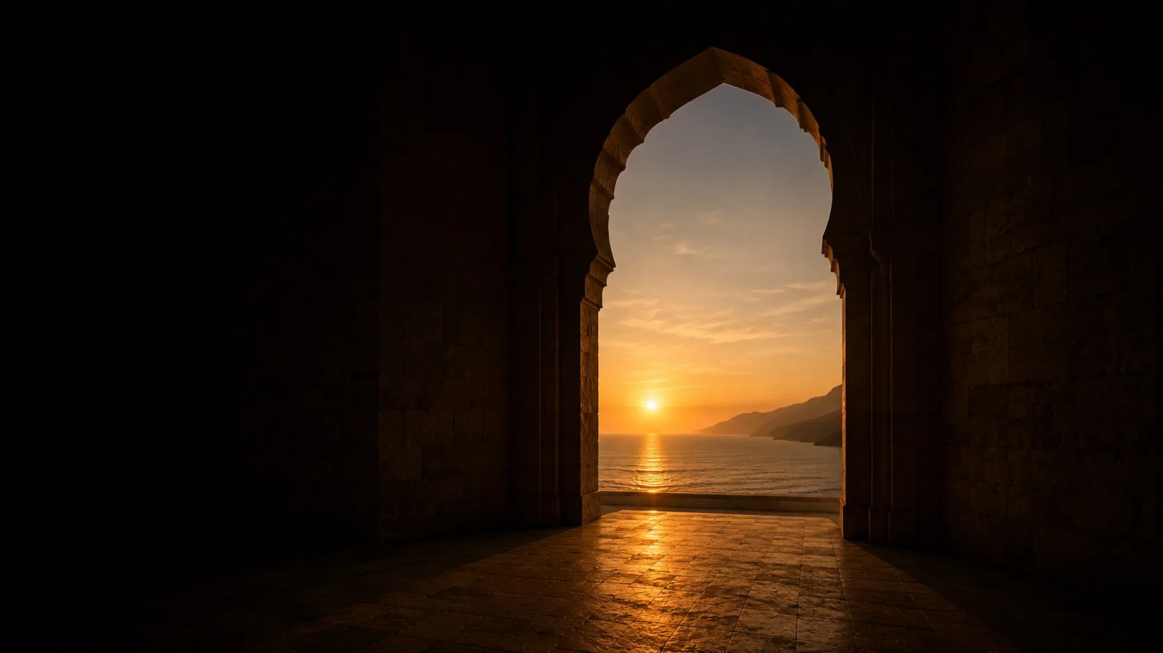An archway opens onto the sea at golden hour — the return crossing.