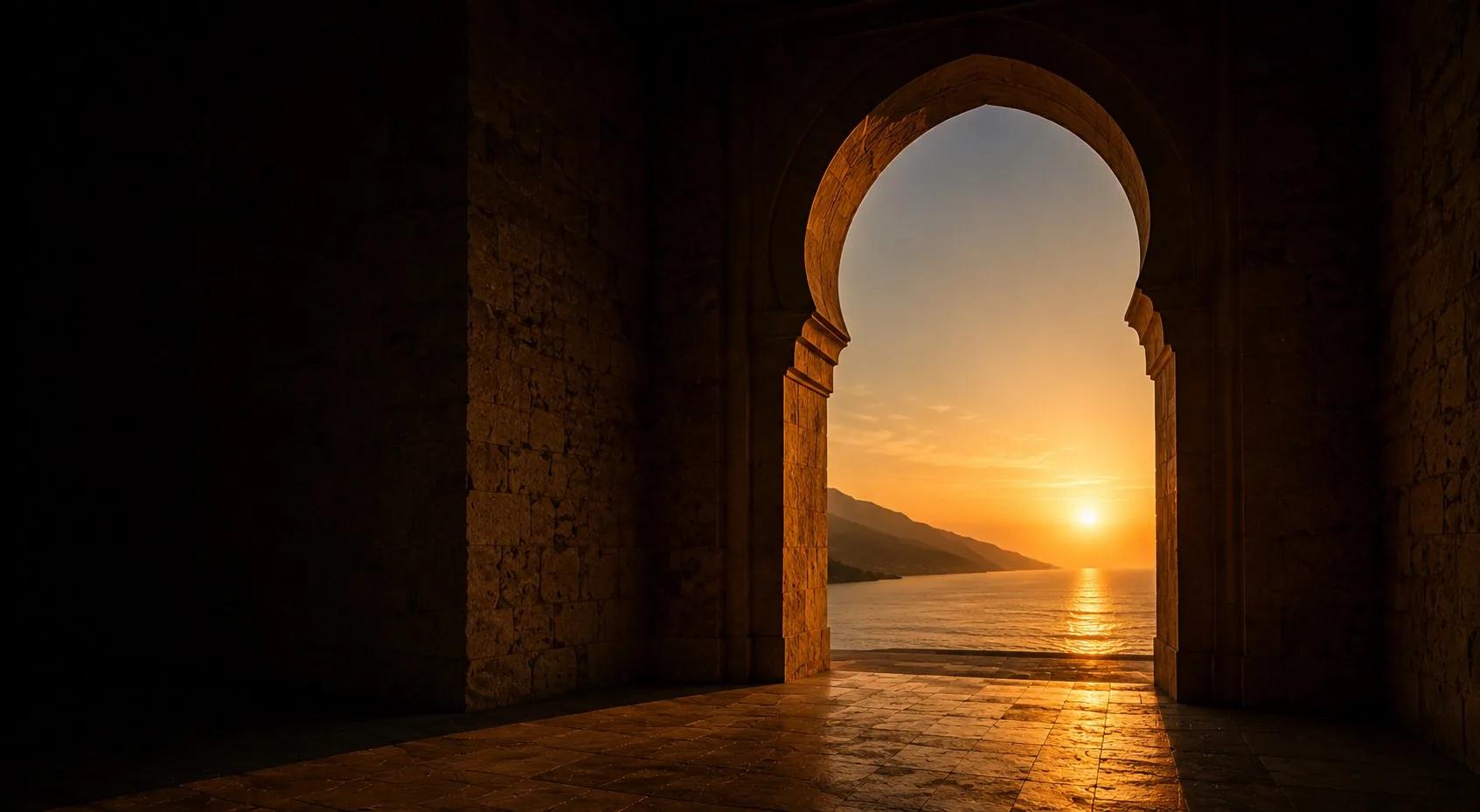 A stone archway opens onto warm golden light over the sea — the threshold between Spain and the Gulf.